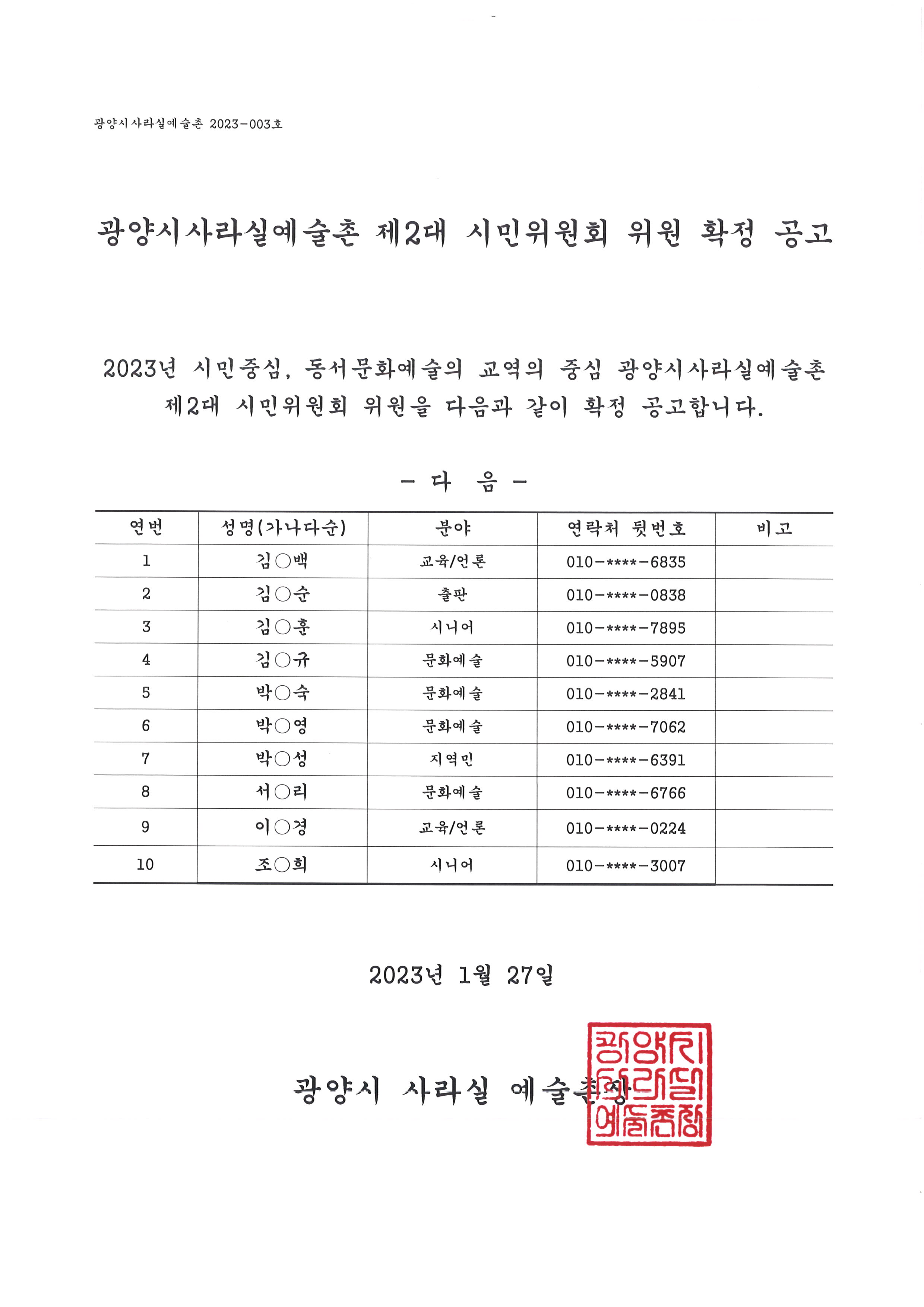 시민위원명단 공고